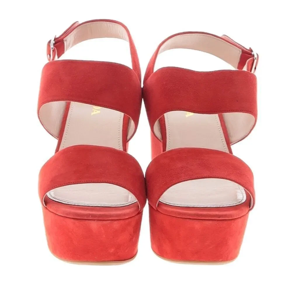 Prada Lipstick Red Wedges Leather Suede Platform Ankle Strap Sandals Size 11.5